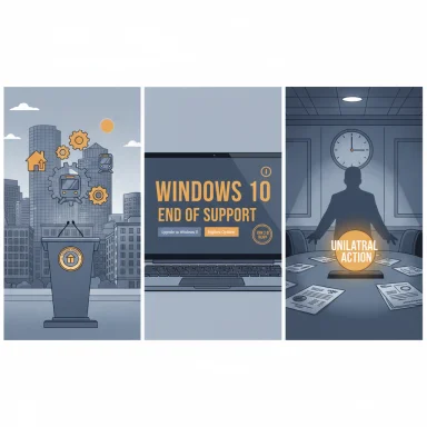 Three-panel illustration: city gears at a podium, Windows 10 end of support on a laptop, and a figure announcing unilateral action.
