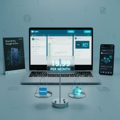 A laptop displays Copilot with a 19.99/month price tag on a desk beside a phone and product box.
