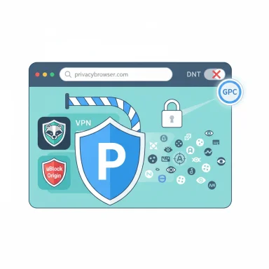 Illustration of a privacy-focused browser with VPN shield and security icons.