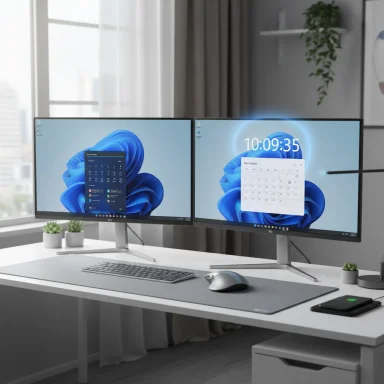 A sleek desk with a dual-monitor setup, keyboard, mouse, and small plants in a bright office.