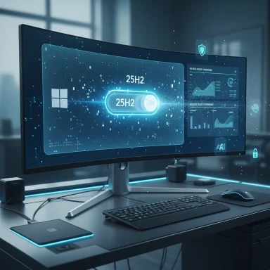 Futuristic desk with a curved monitor showing a glowing 25H2 toggle and holographic UI.
