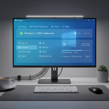 A computer monitor on a tidy desk displays a blue Windows‑style dashboard.