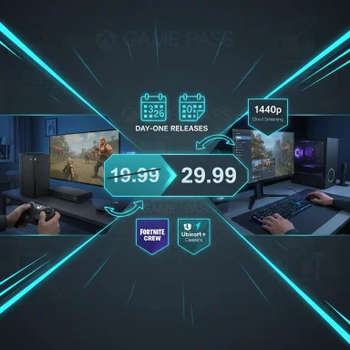 Promo banner for day-one game releases with 1440p cloud streaming and a 29.99 price.