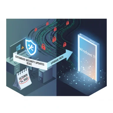 Illustration showing an ESU upgrade path to Windows 11 with security shields and padlocks.