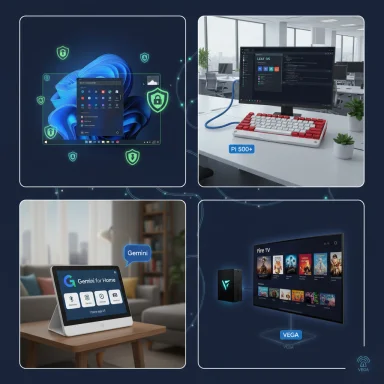 A collage of tech devices: secure PC, Pi 500+, Gemini Home display, and Vega Fire TV.