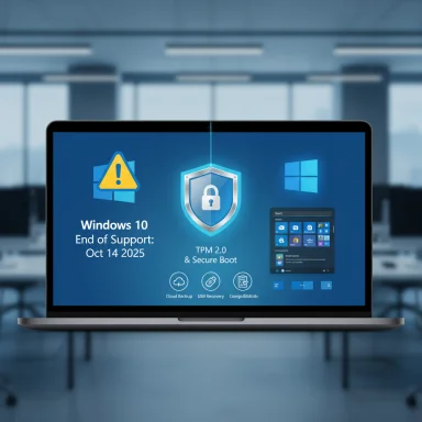 Laptop screen shows Windows 10 End of Support (Oct 14, 2025) with TPM 2.0 shield and security icons.