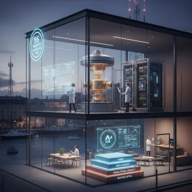 Glass-walled quantum research hub featuring a central chamber, holographic displays, and server racks.