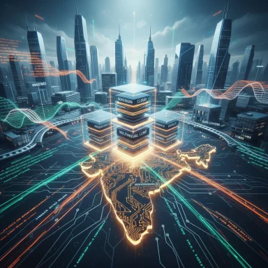 Futuristic city with glowing data towers and sovereign cloud blocks housing multilingual LLMs over Africa.