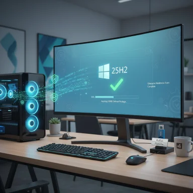 A modern tech desk with a curved monitor showing Windows update, a glowing PC tower, and peripherals.