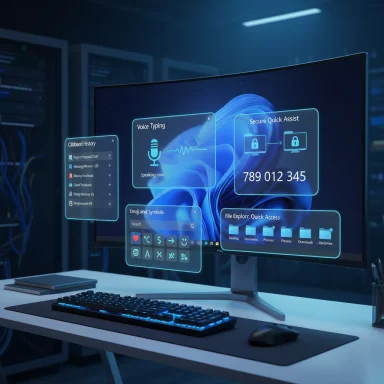 Futuristic workstation with a curved monitor and holographic blue UI panels.