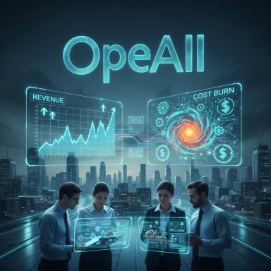 A four-person team reviews holographic dashboards projected over a neon cityscape.