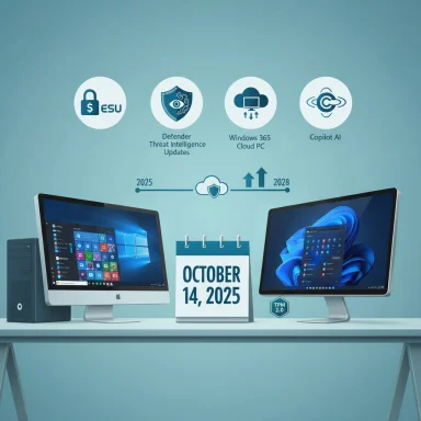 Two monitors flank a calendar showing October 14, 2025, with security and cloud tech icons above.