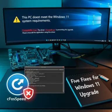 A Windows 11 upgrade warning on a desk setup with a motherboard and cables.