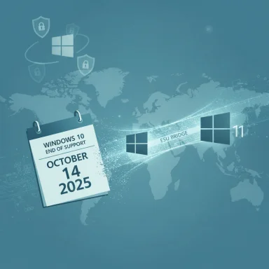 Windows 10 end of support on October 14, 2025, featuring ESU Bridge over a world map.
