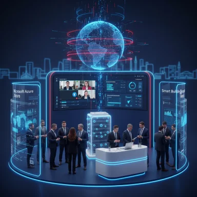 Futuristic blue-lit tech booth with a holographic globe and digital dashboards as professionals network.