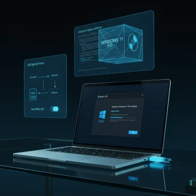 A futuristic laptop on a glass table shows blue holographic screens about Windows 11 ISO and UEFI signing.
