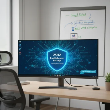 Modern office desk with a wide monitor displaying a blue shield graphic and circuit lines.