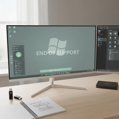 A clean desk with a dual-monitor setup; the left screen displays Windows “End of Support.” A clean desk with a dual-monitor setup; the left screen displays Windows “End of Support.”