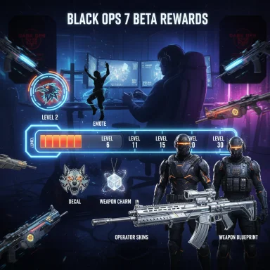 Black Ops 7 Beta Rewards promo: levels, emote, charms, operator skins, and weapon blueprints.