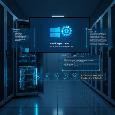 Futuristic data center showing a Windows update screen with holographic status panels.