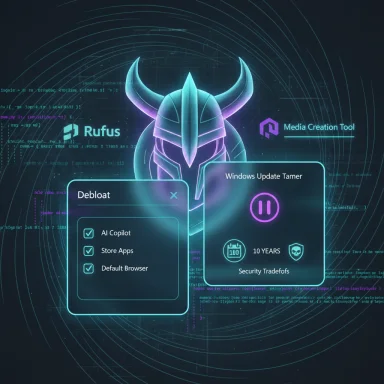 Neon futuristic UI with a glowing Viking helmet, featuring debloat and Windows update controls.