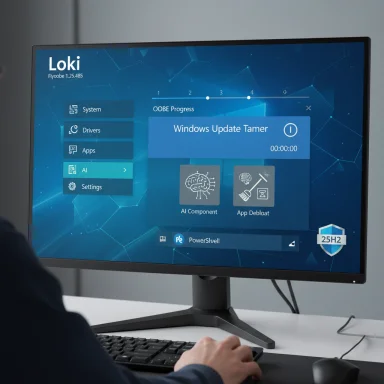 A monitor displays Loki OS UI with AI tools and Windows Update Tamer.