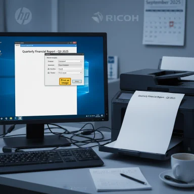 Office desk with monitor and printer printing 'Quarterly Financial Report - Q3 2025'.