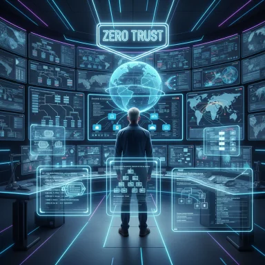 A futuristic security operations room with glowing holographic displays and a globe, beneath a Zero Trust sign.