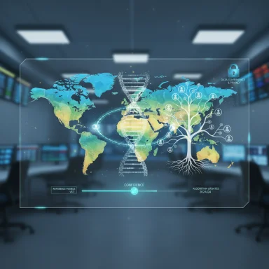 A futuristic holographic world map with a DNA helix and data-tree visualization in a high-tech control room.