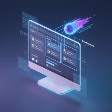 Futuristic holographic computer interface with glowing blue panels and a comet-shaped assistant. Futuristic holographic computer interface with glowing blue panels and a comet-shaped assistant.