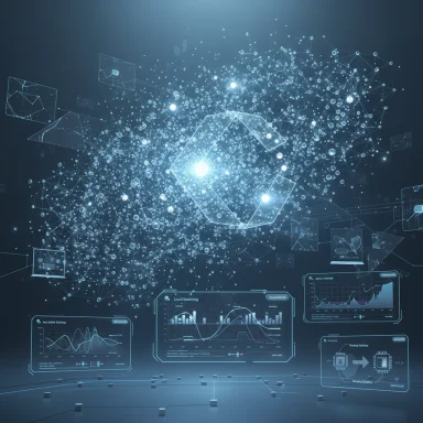 A blue holographic network of interconnected nodes with data dashboards.