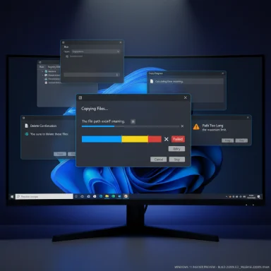 A monitor displays several overlapping Windows 11 dialog boxes during a file transfer. A monitor displays several overlapping Windows 11 dialog boxes during a file transfer.