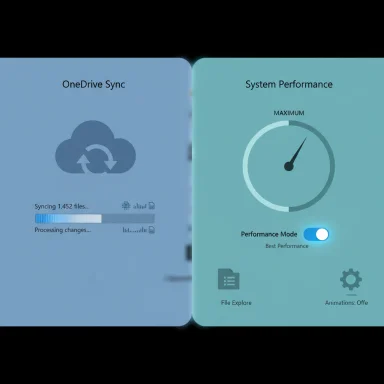 Split-screen UI displaying OneDrive Sync progress on the left and a System Performance gauge with a toggle on the right.