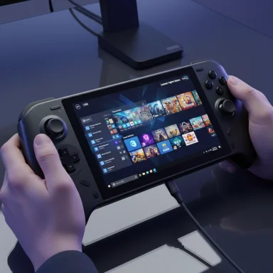 Two hands hold a handheld gaming PC displaying a Windows game library.