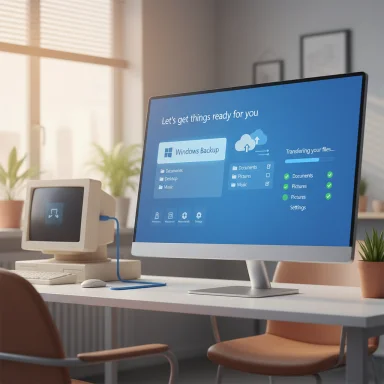A retro computer sits beside a modern monitor displaying a Windows Backup screen on a sunny office desk.