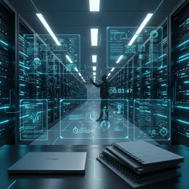 A person interacts with glowing holographic dashboards inside a futuristic data center full of server racks.