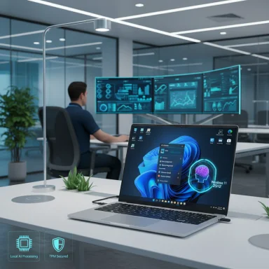 Modern office with a laptop on a desk and a curved multi-monitor data wall in the background.