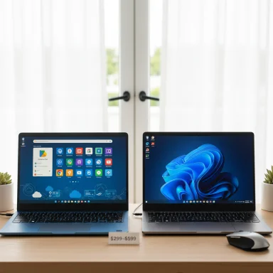 Two laptops on a wooden desk with a price tag between them, set before sheer-curtained windows.