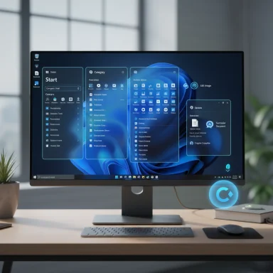 A sleek computer monitor on a desk displays a futuristic blue UI with multiple app panels.