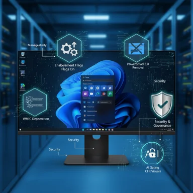 A monitor in a data center displays cybersecurity, governance, and system-management overlays.