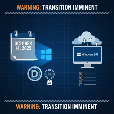 Infographic warns of imminent transition to Windows 365 on October 14, 2025.