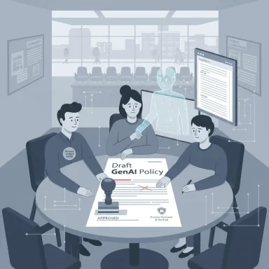 A team drafts GenAI policy around a table, aided by a holographic AI assistant.