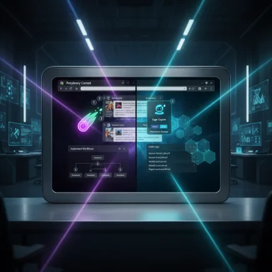 A futuristic tablet displays holographic UI amid a neon-lit, high-tech lab.