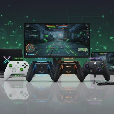 Four neon-edged Xbox controllers sit before a large screen showing a sci-fi shooter.