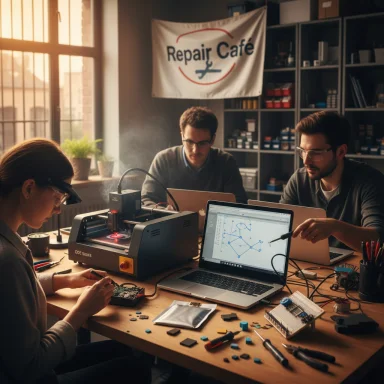 People repair electronic devices at a Repair Café, soldering and testing circuits.