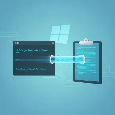 A futuristic Windows-themed CMD window transfers data through a glowing conduit to a clipboard-equipped tablet.