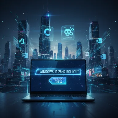 Futuristic cityscape with a laptop displaying Windows 11 25H2 rollout and holographic app icons.