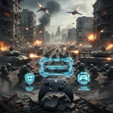 War-torn city battle with tanks, jets, and explosions; holographic Kinesthetic Combat System surrounds game controller. War-torn city battle with tanks, jets, and explosions; holographic Kinesthetic Combat System surrounds game controller.