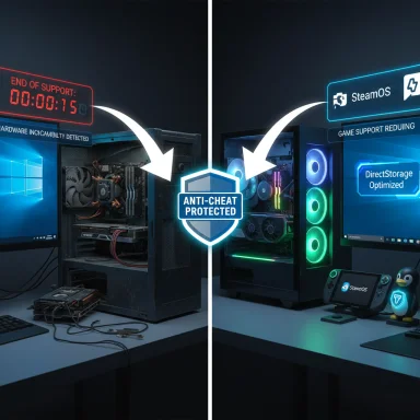 Split-screen PC setup: left is an old rig, right a modern RGB gaming PC, protected by Anti-Cheat.