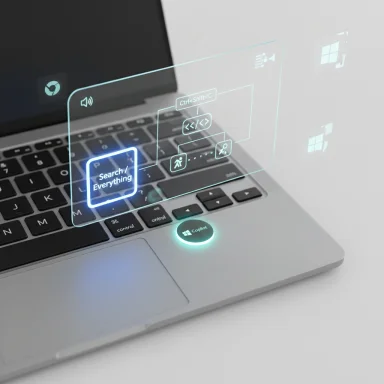 A laptop displays a floating holographic UI with a glowing 'Search / Everything' button and a Copilot ring.